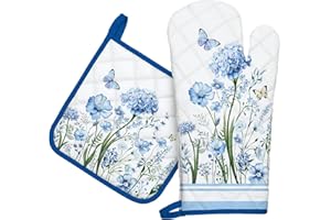 Arquiel Guante De Horno Agarraderas, 100% AlgodóN Guante De Cocina Resistente Al Calo Grueso Seguro para Cocinar, Hacer Barbacoas Microondas Y para La Chimenea Regalo(Flores Silvestres Azules)