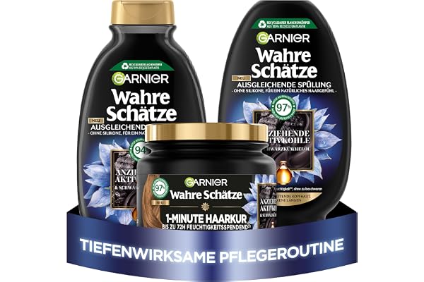Garnier Lot de 3 soins capillaires contre le cuir chevelu gras rapide et les longueurs sèches, avec charbon actif nettoyant, shampoing (250 ml), après-shampoing (200 ml), cure capillaire 1 minute (340