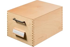 HANLESI HAN Drewniana skrzynka na fiszki 900 DIN A6 w poziomie wraz z 1 metalową podpórką na arkusze, z polem na opis i metalowym dnem, drewno z certyfikatem FSC, wysoka jakość premium, 506, naturalne drewno