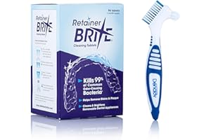 DENCLOV Retainer Brite Cleaning Kit Including 96 Tablets (3 Month Supply) and Denture Brush - Kills 99.9% of Bacteria - Ideal for retainers, mouthguard, dentures, invisalign. Removes Plaque and Tartar.