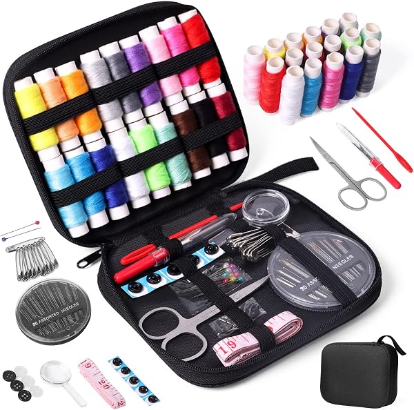 JUNING Sewing Kit with Case Portable Sewing Supplies for Home Traveler, Adults, Beginner, Emergency, Contains Thread, Scissors, Needles, Measure - 1