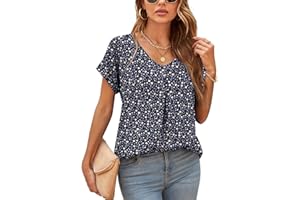 Yommay Blouses for Womens V Neck Ladies Tops Summer Chiffon Blouses Tops Short Sleeve Casual T Shirts