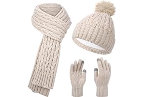 ViEinkaufen 3 PCS Hat Scarf and Gloves Set Ladies,3 in 1 Winter Warm Knitted Set with Knit Beanie Hat Touchscreen Gloves Circle Neck Scarf