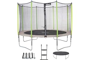 Kangui - Trampoline JUMPI Taupe/Vert - Ø 250-305 - 360-430 cm + Filet + Échelle + Bâche de Protection + Kit d'ancrage