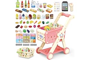 RedCrab Shopping Cart Toys with Scanner, 74Pcs Store Accessories, Calculator, Credit Cards, Mini Shopping Basket, Role Play Toy for Boys and Girls 3+ Years (Pink)