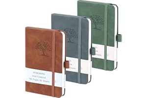 HOMEMARS Carnet de Notes, Petit Carnet, Petit Cahier, 3 Paquet, Cahier de Note, Carnet de Voyage, 14.4 cmx9.6cm, Marron, Gris, Vert, 192 Pages Chacune, Motif d'arbre en Relief, Cuir végétalien