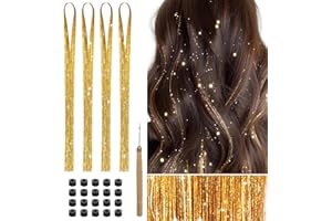 ‎HONGMA 800 Glitzer Haarsträhnen Lametta für Haare 120 cm Tinsel Hair Extensions Glitter Glitzersträhnen Haarverlängerung Fairy Haarlametta Haarextension Kit (Golden)
