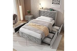 JOVIFY 3ft Single Bed Frame Upholstered Platform Bed with 4 Storage Drawers & Table Lamp & Charging Station, Metal-Wood Support, No Box Spring Needed, Grey Velvet Fabric Youth Beds for Adults Kids Teenagers