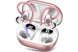 POOUNUR Auriculares Inalambricos Deportivos, 50H Auriculares Bluetooth 5.3 Ultraligero con HD Mic HiFi Estéreo, ENC Cancelacion Ruido, Pantalla LED, IP7 Impermeable Cascos Inalambricos para Running, Oro Rosa