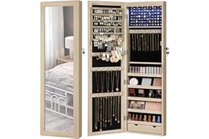 SONGMICS Armoire à Bijoux, Meuble de Rangement Mural pour Colliers, Boucles d’Oreilles, Placard à Accessoires, avec Miroir, Divers Compartiments, Verrouillable, Couleur Chêne JJC093M01