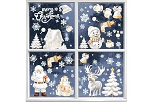 FANTASYON Adesivi Natalizi per Finestre, 190 Pezzi Decorazioni Natalizie, Vetrofanie con Babbo Natale, Pupazzo di Neve, Renna e Fiocchi di Neve