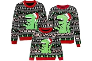 Psafagsa Noël Pulls Famille Sweat-Shirt de Noël Dinosaure Pull à Manches Longues en Tricot Ugly Christmas Sweater Drôle de Pull de fête