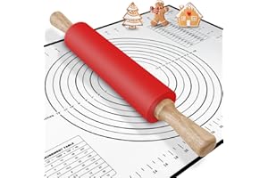 BOCHION Mattarello con Manici in Legno, Mattarello Acciaio Inox con Tappetino Silicone Cucina, Mattarello Silicone Antiaderente 43cm Accessori da Forno per Pasticceria, Pizza, Pasta e Biscotti (Rosso)