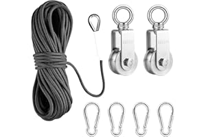 TooTaci U Pulley System Set, 304 Stainless Steel Hoist Pulley Block for Lifting, 2pcs 34mm Single Pulley Wheels with 20M/6mm Pulley Nylon Rope, 4pcs Carabiner Hooks for Indoor Outdoor