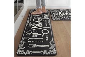 SARBEN Set of 2 Practical Kitchen Rugs - Comfortable and Non-Slip PVC Kitchen Mats for Comfort and Safety in the Kitchen, Long Black, 40 x 120 cm + 40 x 75 cm