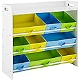 SONGMICS Toy Organiser with 9 Removable Non-Woven Fabric Bins, Kid’s Storage Unit and Bookshelf for Nursery Playroom, Wooden Frame with Shelf, White GKR31WT