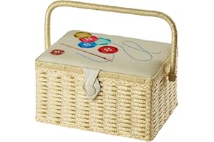 SEWING ONLINE Medium Sewing Box, Wicker Effect with an Embroidered Buttons on Cream Fabric Lid, 26 x 19 x 15cm