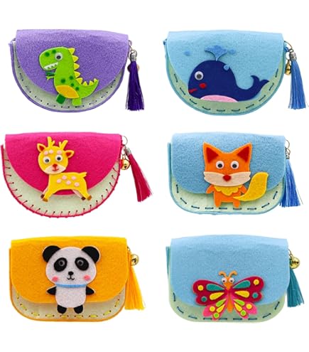 JEONDFG 6x Nähset Für Kinder - DIY Filztaschen Mit Süßen Motiven Zum Selbernähen