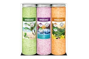 Nortembio Epsom Salt Pack 3 x 430 g. Vanilla, Rose, Lemon Fragrances. Hydrated with Vitamin C and E. Bath Salts, Aromatherapy, Flotation Therapies. EBook Included.