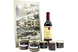 Cellier du Périgord Coffret Sarlat Panier Gourmand avec Terrines Truffe, Foie Gras, Vin AOC Bergerac Rouge - Coffret Cadeau Gastronomique Périgord 6 Produits Terroir
