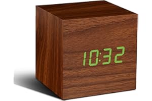 Gingko Cube Walnut Click Clock with Green LED, Brown