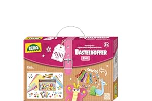 Lena 42714 - Maletín para manualidades, material para manualidades con papel colorido,goma musgo,limpiador de pipas, pedrería, ojos, pompones, botones y más,para niños a partir de 5 años,rosa y morado