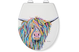 Croydex Steven Brown Angus McCoo Flexi-Fix Soft Close Toilet Seat - with Quick Release with Adjustable Hinges, Durable Polypropylene Plastic with Top and Bottom Fixings (Highland Cow)