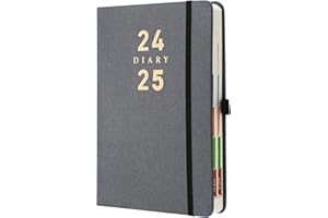 MLJTOYO 2024 2025 Diary A5 Day per Page,Organizer Weekly Monthly Planner 2024 25 with Colour Monthly Tab,Hardcover Week to View Diary,Pen Holder,Black