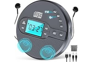 GRACIOSO 2000mAh Rechargeable Discman CD Player:Walkman CD Player with Bluetooth FM Transmitter,Headphones,LCD Screen,AUX,Built-in Speaker,USB-Portable Personal CD Player Anti-Skip Protection for Car