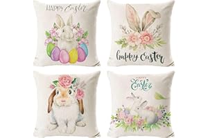 KOIROI Zestaw 4 poszewek na poduszki wielkanocne, 45 x 45 cm, z lnianym motywem zajączka wielkanocnego