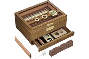 LIHTUN Zigarren Humidor, Glas Top Desktop Humidor Box, Zigarren Geschenke für Männer, Zedernholz Zigarrenkoffer mit Digital Hygrometer, Luftbefeuchter, Messskala und Zigarren Zubehör Schublade