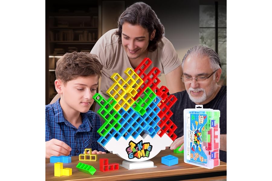 DUHLnote 48PCS Stack Game for Adult & Kids, Tetra Board Tower Games for Family Travel Party, 2 Players Balance Stacking Toy, Team Toys Building Block