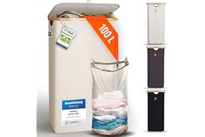 HENNEZ 100L Wäschekorb mit Deckel Beige - herausnehmbaren Wäschesack Wäschesammler schmal mit Deckel - Wäschebox Waschekorbsammler Wäschesortierer - Wäschetruhe Wäschekörbe laundry baskets