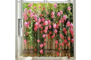 Vgzsyomqib Garden Scene Shower Curtain Wet Room Waterproof Anti Mould Proof Resistant Fabric Long 180 x 180 cm 3D Outdoor Flowers Pink Floral Fence View Bathroom Curtains Set with Hooks