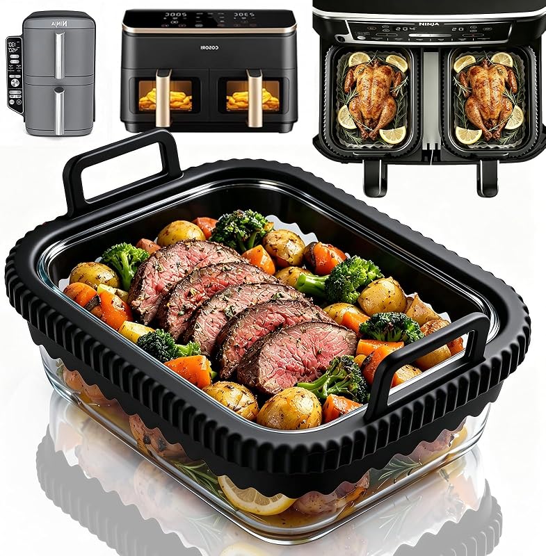 Auflaufform Airfryer Glas Klein mit Silikongriffen für Ninja Heißluftfritteuse Zubehör AF400EU/DZ400EU/AF500EU/COSORI, Airfryer Glasbehälter, Hitzebeständig,Spülmaschinenfest, Herausnehmbarer,BPA-frei