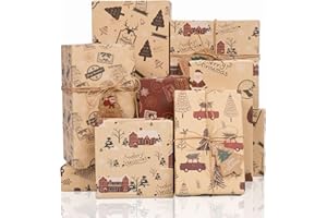 Toptime Papier Cadeau Noel, 6 Feuilles Papier Cadeau Kraft avec Étiquettes Cadeau Ficelle, Emballage Cadeau Noel avec Père Noël, Flocon de Neige, Papier Cadeau de Noël pour la Nouvelle Année, 70x50cm