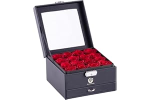 Yamonic Rosas Reales eternas en una Caja, Regalos de Caja de Rosas para Ella, Regalos románticos para Ella, Caja de Regalo para Ella/Mujer/Madre/Amiga (16 Rosas Rojas, Caja Negra Cuadrada con cajón)