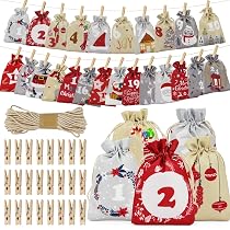 Pochette Calendrier De L'Avent à Remplir - 24 Sacs En Lin 10x14 Cm + Autocollants Numérotés + Corde - Rouge/Gris/Caqui - 12