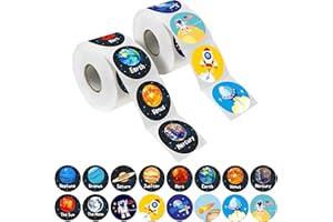 HEBAYY 600 Pegatinas del Sistema Solar en rollos con línea de perforación. Perfecto para niños pequeños. 3.8 cm (edición ampliada con Astronautas, Cometa, Luna y Satélites) (versión inglesa)