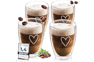 ElbFuchs® Tasses double paroi [4x 350ml] IDÉE CADEAU avec COEUR | Verre double paroi idéaux comme tasse cappuccino ou verre latte macchiato | Tasse à café original | Tasse transparente