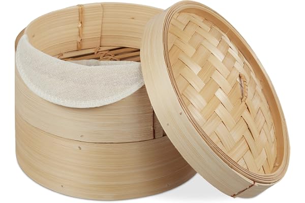 Relaxdays ångkokare bambu, ångkorg 2 våningar, ånga dim sum, grönsaker, ris & dumplings i bambukorg, 20 cm, natur
