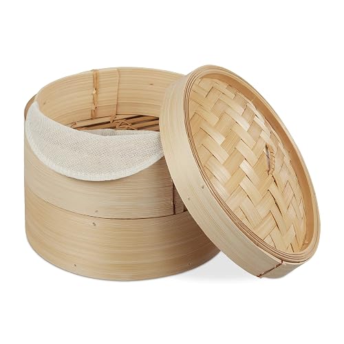 Relaxdays Bambus-Dampfgarer, 2 Etagen, Ø 20,5 cm