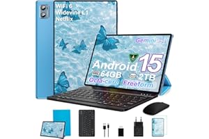 ‎SUAAT SUAAT Tablet Android 15 mit 64GB ROM+2TB TF Tablets,10.1 Zoll,WiFi 6, Bluetooth 5.0, Dual Camera 8+5MP, 1280 * 800 HFD, Cast, OTG, Type C, mit Hülle, Tastatur & Maus-Blau