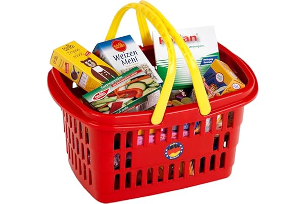 Theo Klein 9693 Panier à provisions garni avec double anse - Livré avec 21 petites boîtes en carton - Dimensions : 26,5 x 17,5 x 13,5 cm - Pour les enfants à partir de 2 ans