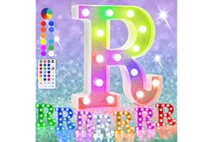 HEYCOLOR Colorful LED Marquee Letter Lights, RGB Shiny LED Letters with Remote, Glitter Light Up Letters Marquee Signs Battery Powered, Christmas Birthday Home Wedding Party Decoration, Letter R
