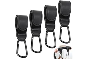 WEFALY Crochet Poussette, 4 Pièces Attache Sac a Langer Poussette Cuir Mousqueton Accroche Sac Pinces a Crochet de Pram pour S ac à Langer Pous sette Courses Sa c à Dos (Noir)