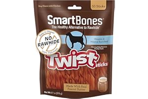 SmartBones Smart Twist Sticks With Peanut Butter 50 Count, Rawhide-Free Chews For Dogs, SBTT-02943, 50-count