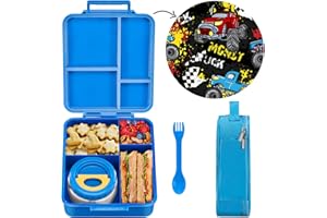 Maison Huis Pojemnik śniadaniowy dla dzieci, z przegródkami, zawiera termos, utrzymuje ciepło, pudełko na lunch dla dzieci do szkoły, przedszkola (niebieski, monster truck)