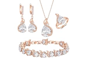 EVER FAITH Zestaw 4 sztuk biżuterii z cyrkoniami Cubic, wisiorek, naszyjnik, kolczyki, bransoletka tenisowa i otwarty pierścionek, zestaw dla kobiet, na wesele, imprezę, przezroczysty, srebrny odcień