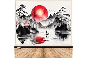GOAOK Tapiz japonés de bosque rojo y negro, tapiz estético de anime para colgar en la pared para hombres, tapices de paisaje natural oscuro asiático para decoración de sala de estar, dormitorio